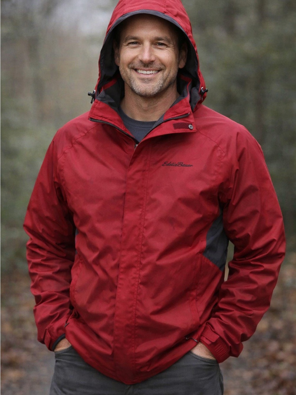 Men’s Eddie Bauer Red Hooded Raincoat with Charcoal Accents Sz M
